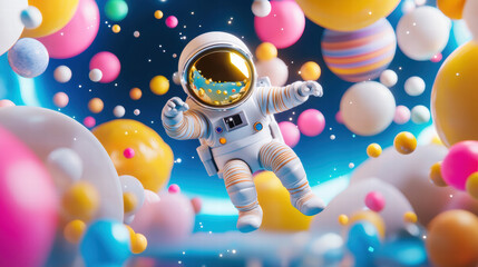 adventurous astronaut exploring colorful galaxy filled with spheres