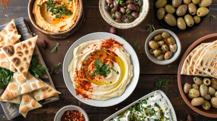 Mediterranean mezze platter with hummus, olives, and pita bread