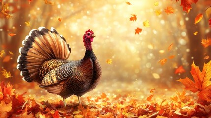 Majestic wild turkey in autumn forest.