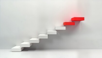 Abstract 3D render of staircase. White steps lead to red step. Success concept. Modern design. Future vision. Progress. Opportunity. New challenge. Interior concept. Blank wall background. Motivation
