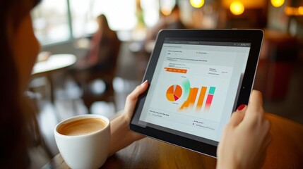 Enhance business productivity with advanced analytics on tablet. Discover data insights in a cozy café setting for optimal growth.