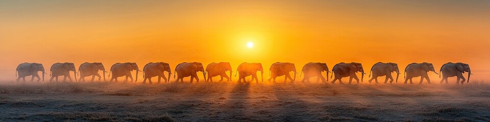 Fototapeta premium Elephants walking in a line against a stunning sunset backdrop.