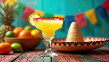 Fototapeta premium Colorful festive table setting for Cinco de Mayo party. Fresh fruit, colorful decorations including sombrero, glass of margarita. Refreshing beverage with colorful fruits, vibrant decorations.