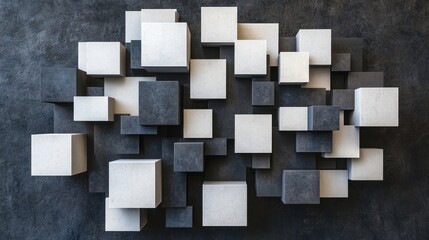 Abstract Composition of Grey and White Cubes on Dark Background
