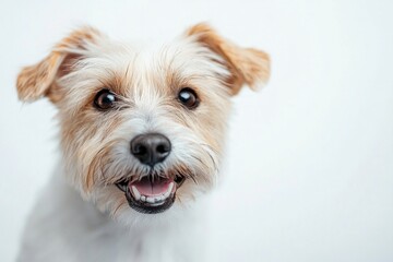Happy terrier dog with fluffy ears and bright eyes against white background