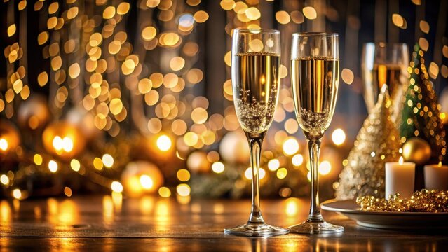Elegant champagne glasses on a table, with a soft focus effect