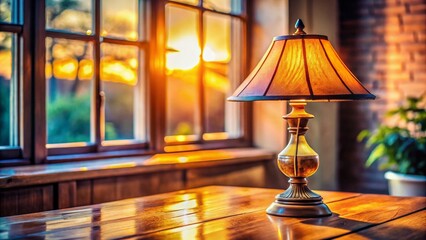 Macro Lamp on Table, Window Background AI Photo