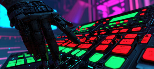 Futuristic control panel with glowing buttons under dynamic lighting