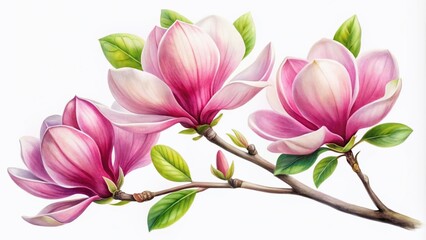 Magnolia Branch Watercolor Portrait Photography, Isolated White Background