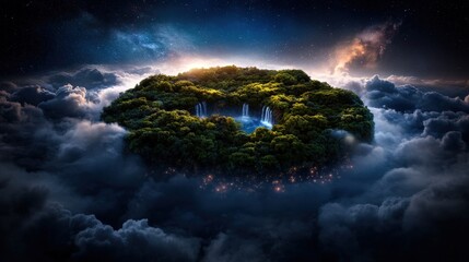 A stunning floating island shrouded in mist and clouds, featuring lush greenery, waterfalls, and celestial elements that evoke a dreamlike experience of nature's surreal beauty.