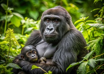 Fototapeta premium Majestic Mom Gorilla & Newborn in Bwindi Uganda