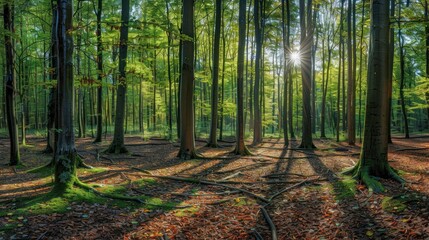Fototapeta premium Sunlight streams through a dense forest canopy, casting long shadows on the forest floor.