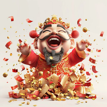 3D cartoon God of Wealth, laughing happily with mouth open and hands raised high to catch red envelopes full of gold coins flying in the air, surrounded by scattered ingots