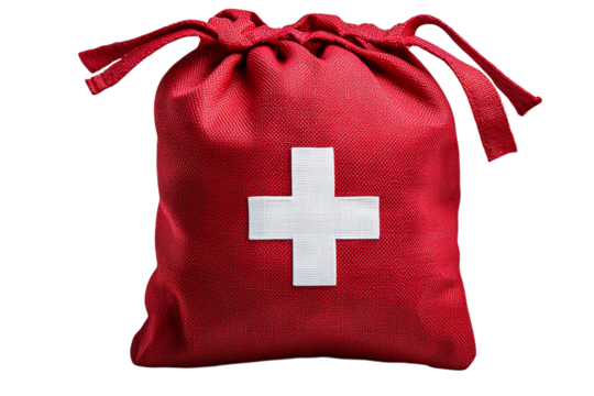 A red bag with a white cross and a red cross on it