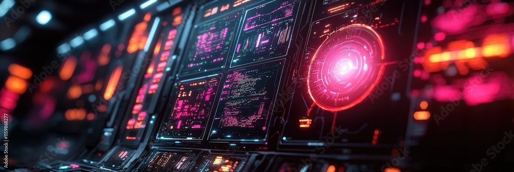 Poster futuristic control panel displaying vibrant data and graphics.