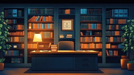 Night view of a dimly lit study with a large desk, bookshelves full of books, plants, and a lamp.