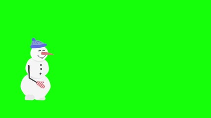 Happy Snowman in a Blue Hat with a Pompom and Red Mittens Passes Through the Green Screen Background in Horizontal 4K 2D Cartoon Animation Stock Video 