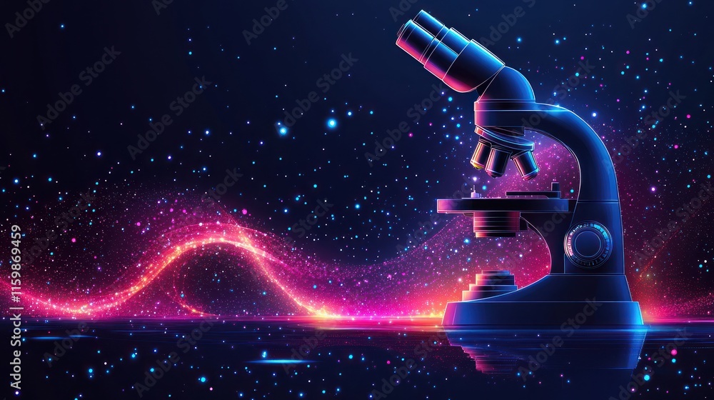 Poster futuristic microscope with glowing particles.