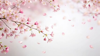 Soft pink sakura petals gently fall from a delicate branch against a white background, delicate branches , gentle descent