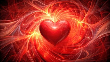 Abstract background with vibrant red heart shape, surrounded by swirling patterns and shapes