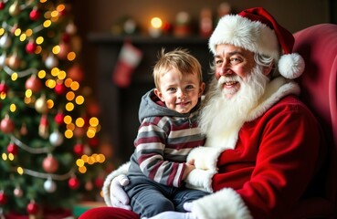 Smiling child sits on Santa Claus lap near Christmas tree. Family enjoys holiday season. Santa...