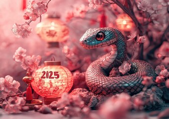 Obraz premium Lunar prosperity: Text 2025 with Green Snake, symbolizing growth, good fortune for Chinese New Year, reflecting themes of wisdom, harmony, rebirth according to oriental calendar.