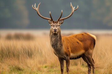 Fototapeta premium Majestic red deer stag in autumnal meadow.