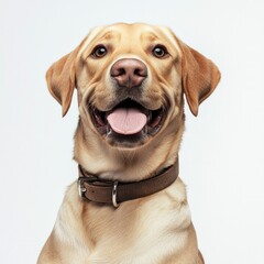 Obraz premium Happy labrador retriever portrait with brown collar against white background
