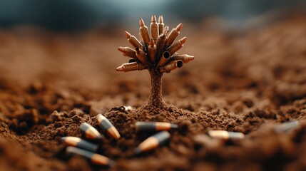 A unique artistic representation shows a tree formed from bullets emerging from the earth, symbolizing the dark intersections of nature and conflict in a thought-provoking way.