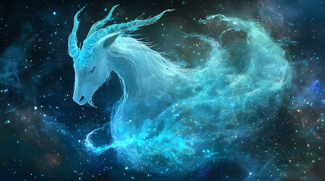 Capricorn constellation glowing like seafoam amidst a dark galaxy, capricorn constellation seafoam, cosmic fluidity. Seafoam. Illustration