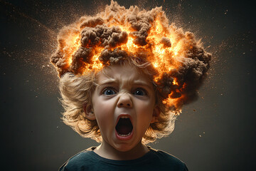 A dramatic close-up of a young boy in a fit of rage contrasted by a fiery explosion. Perfect for promotional materials related to children's events, action movies, or artistic expressions.