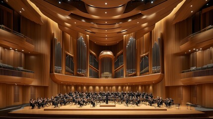 Orchestra performing on stage in a grand concert hall with a large pipe organ.