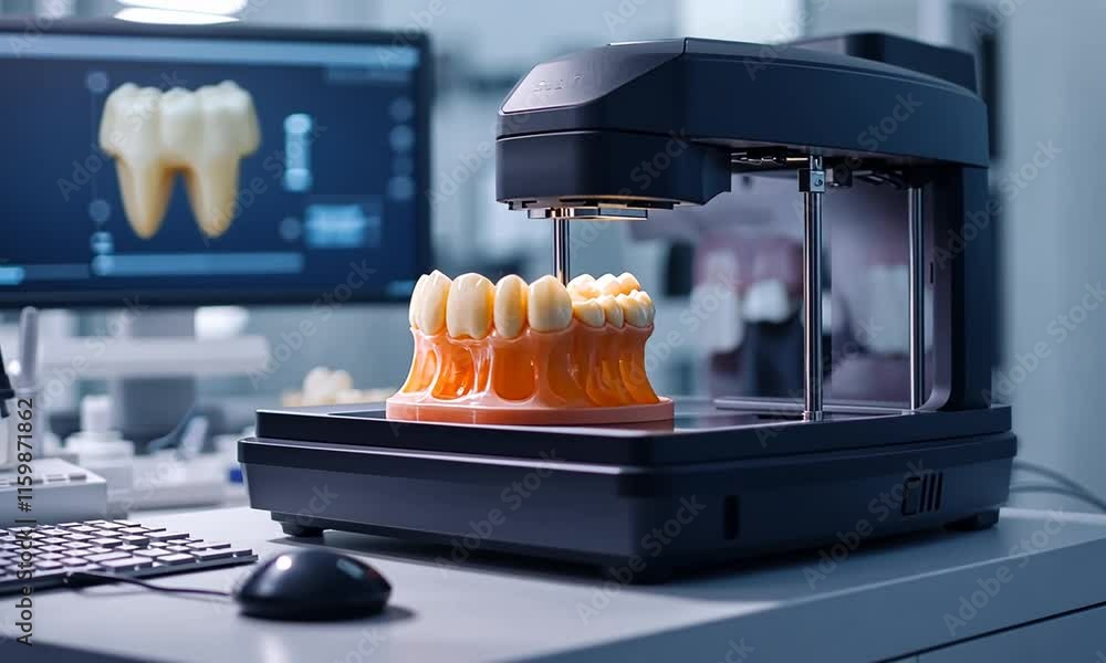 Poster 3d printer creating a dental model in a lab environment.