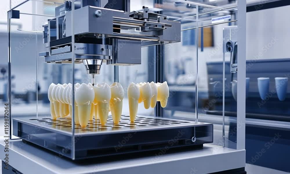 Poster 3d printer creating dental models in a laboratory setting.