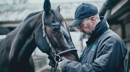 A horse gently nuzzles a farrier while taking a peaceful break in a stable setting
