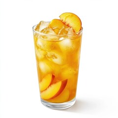 Fresh peach iced tea in a clear glass. Featuring peach slices and ice