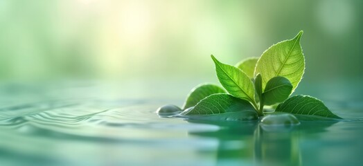 Eucalyptus leaves gently float on rippled water surface. Nature inspired wellness retreat spa concept. Natural ingredients for bath products ad. Tranquil, serene scene for zen environment. Fresh