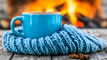 Cozy winter scene Blue mug of hot drink nestled in a blue knitted scarf near a warm fireplace. Perfect for holiday cards, blogs, or websites.
