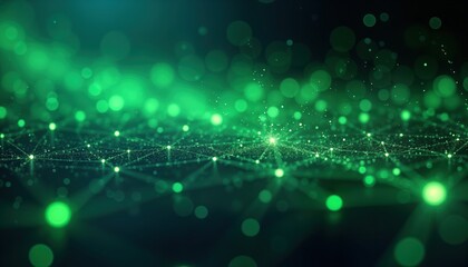 Abstract tech background shows glowing green, blue network. Particles connect forming lines, triangles. Dynamic futuristic digital design. Modern illustration. Ideal for tech websites presentations.