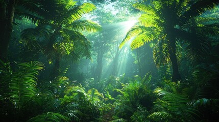 Obraz premium Lush tropical forest with sunlight filtering through the trees, creating a serene atmosphere.