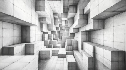 Abstract Cubic Architectural Pencil Sketch: Monochromatic Maze of Geometric Forms