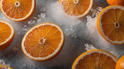 Fresh orange slices on ice, showcasing vibrant colors and textures for a refreshing appeal.