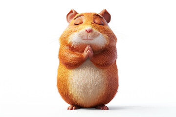Hamster meditates. Little mouse stands in pose of complete calm and relaxation with eyes closed. Mascot for advertising, article, blog