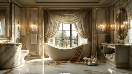 Luxurious bathroom with marble decor, elegant bathtub, and scenic window view.
