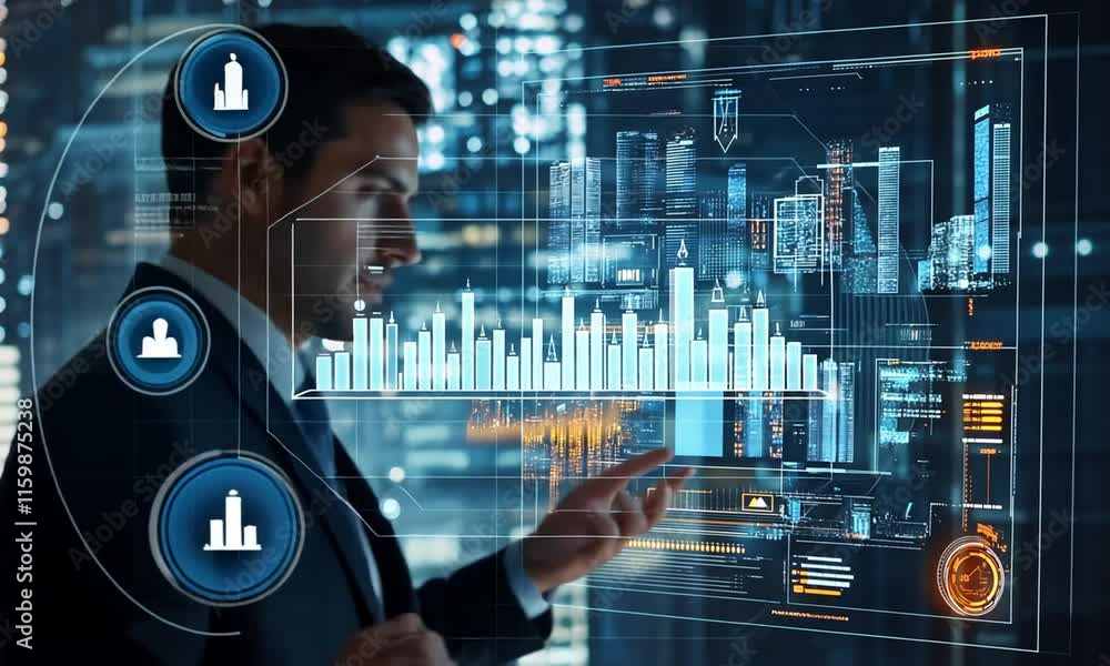 Poster a businessman interacts with a futuristic digital interface displaying city data.