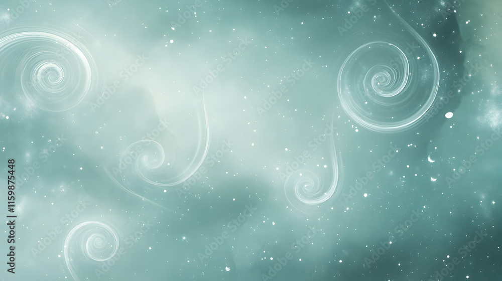Poster abstract celestial design of silver spirals over a teal background with glowing nebula textures and 