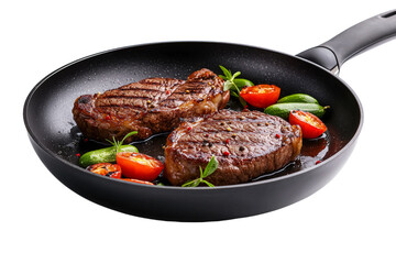 A steak is being cooked in a pan with tomatoes and peppers