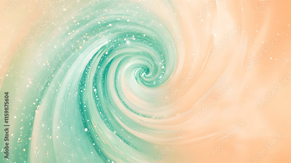 Poster abstract celestial green spirals over a peach-toned background with glowing nebula textures and subt