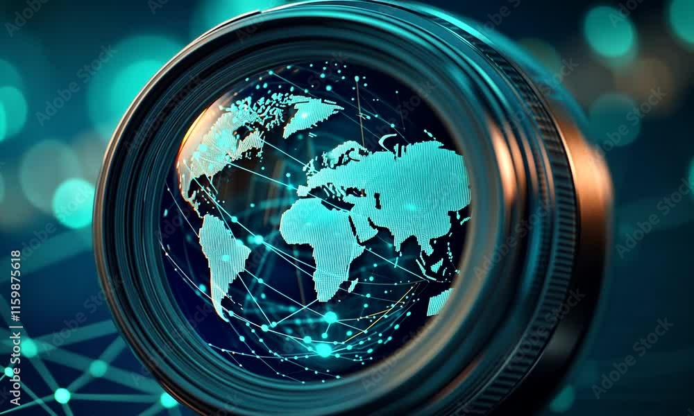 Aufkleber a camera lens reflecting a digital globe with interconnected networks.