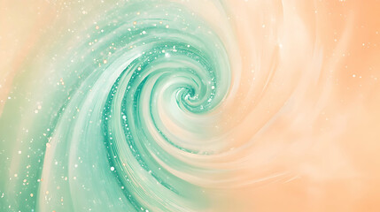 Abstract celestial green spirals over a peach-toned background with glowing nebula textures and subtle light streaks